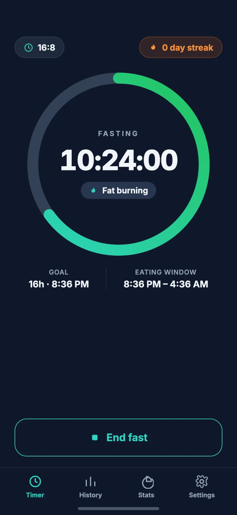 The Fasted timer screen: a teal-to-green progress ring counting 10:24:00 into a 16:8 fast, with a Fat burning stage badge, goal time and eating window.